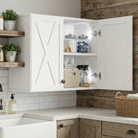 Our farmhouse-style wall storage cabinets with four doors and shelves are made of solid