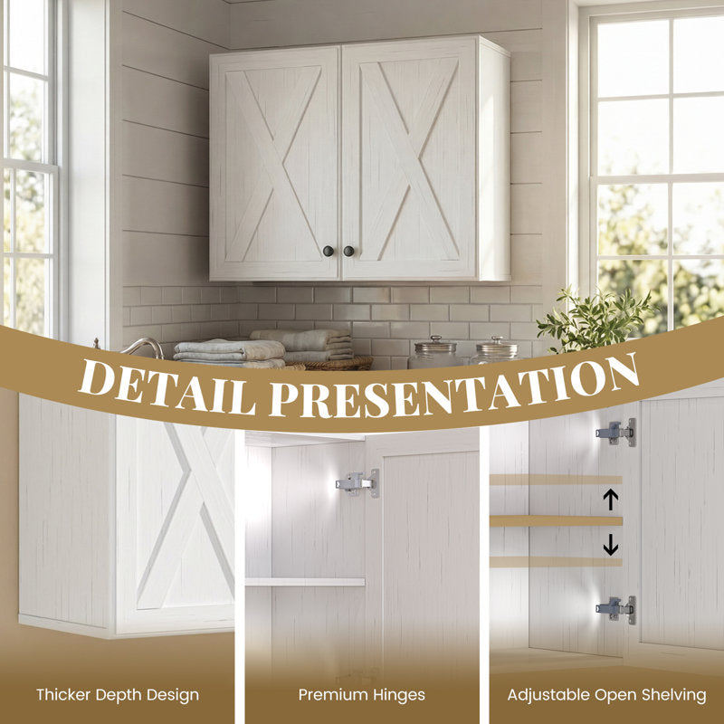 Our farmhouse-style wall storage cabinets with four doors and shelves are made of solid