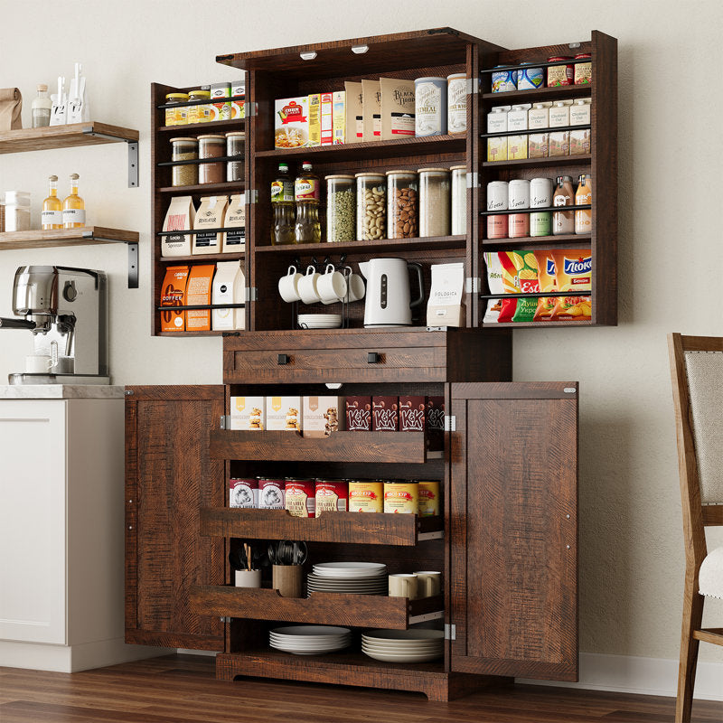72" Kitchen Pantry Storage Cabinet with 8 Hanging Shelves and 3 Sliding Drawers