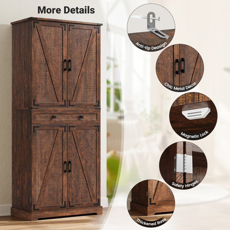 72" Kitchen Pantry Storage Cabinet with 8 Hanging Shelves and 3 Sliding Drawers
