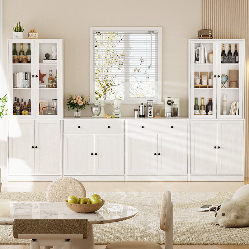 110.3'' Wide Modular Kitchen Pantry Cabinet with Bookcases,Soft Close Glass Doors and
