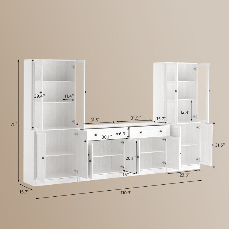 110.3'' Wide Modular Kitchen Pantry Cabinet with Bookcases,Soft Close Glass Doors and