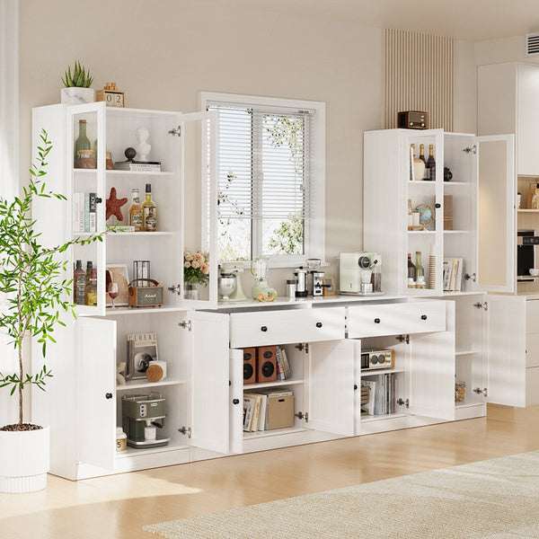 110.3'' Wide Modular Kitchen Pantry Cabinet with Bookcases,Soft Close Glass Doors and