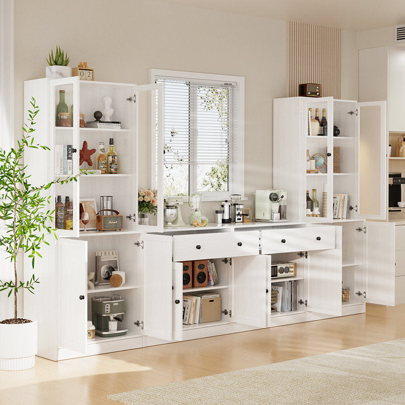 110.3'' Wide Modular Kitchen Pantry Cabinet with Bookcases,Soft Close Glass Doors and