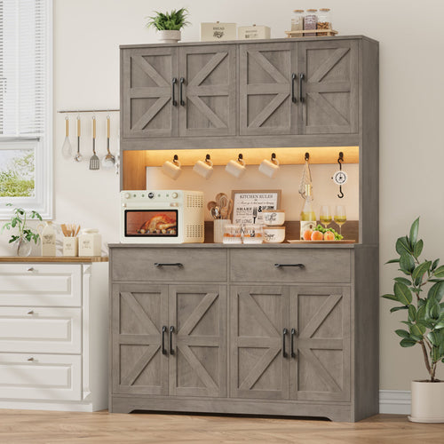 71" Kitchen Pantry With Charging Station, LED Light, Microwave Shelf And Attached Hooks