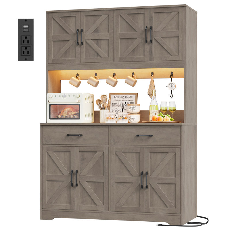 71" Kitchen Pantry With Charging Station, LED Light, Microwave Shelf And Attached Hooks