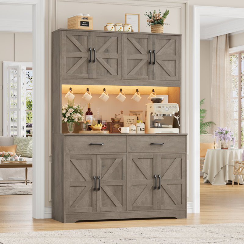71" Kitchen Pantry With Charging Station, LED Light, Microwave Shelf And Attached Hooks