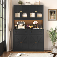 71" Kitchen Pantry with Charging Station, LED Light and Microwave Shelf, Wooden Storage