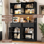 71" Kitchen Pantry with Charging Station, LED Light and Microwave Shelf, Wooden Storage