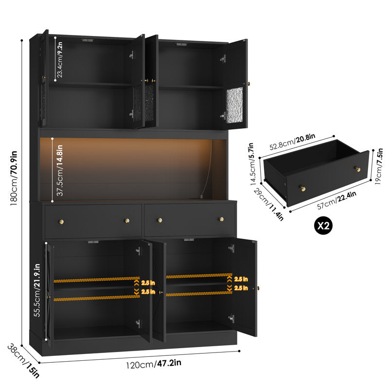 71" Kitchen Pantry with Charging Station, LED Light and Microwave Shelf, Wooden Storage
