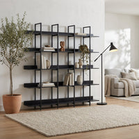 Five-Tier Open Industrial Style Bookcase with Metal Frame and Wood Shelves for Home and