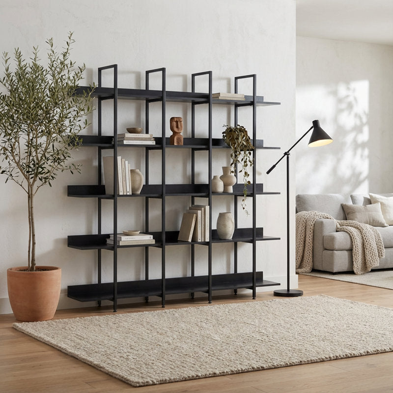 Five-Tier Open Industrial Style Bookcase with Metal Frame and Wood Shelves for Home and