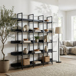 Five-Tier Open Industrial Style Bookcase with Metal Frame and Wood Shelves for Home and