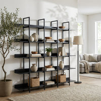 Five-Tier Open Industrial Style Bookcase with Metal Frame and Wood Shelves for Home and