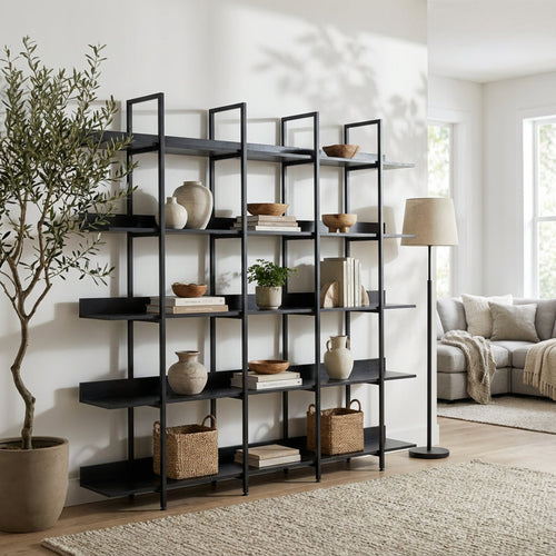 Five-Tier Open Industrial Style Bookcase with Metal Frame and Wood Shelves for Home and