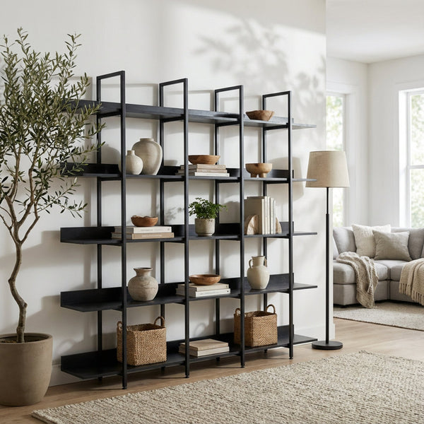 Five-Tier Open Industrial Style Bookcase with Metal Frame and Wood Shelves for Home and