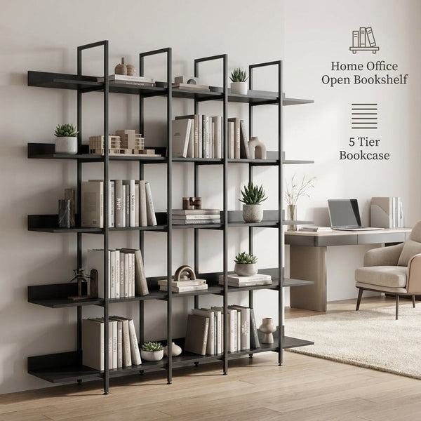 Five-Tier Open Industrial Style Bookcase with Metal Frame and Wood Shelves for Home and