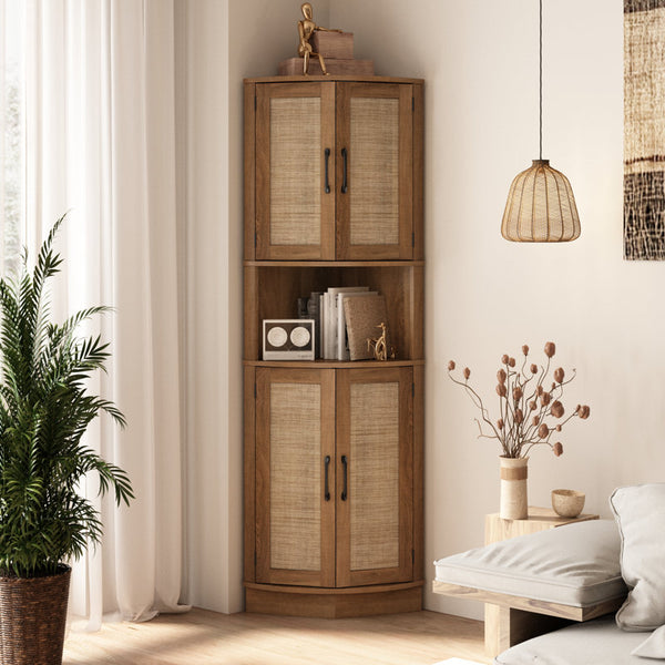Ciauna 64.7''H Corner Cabinet with Rattan Doors, Natural
