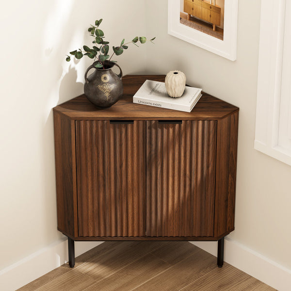 Fluted Corner Cabinet With 2 Doors And 2-Tier Shelves