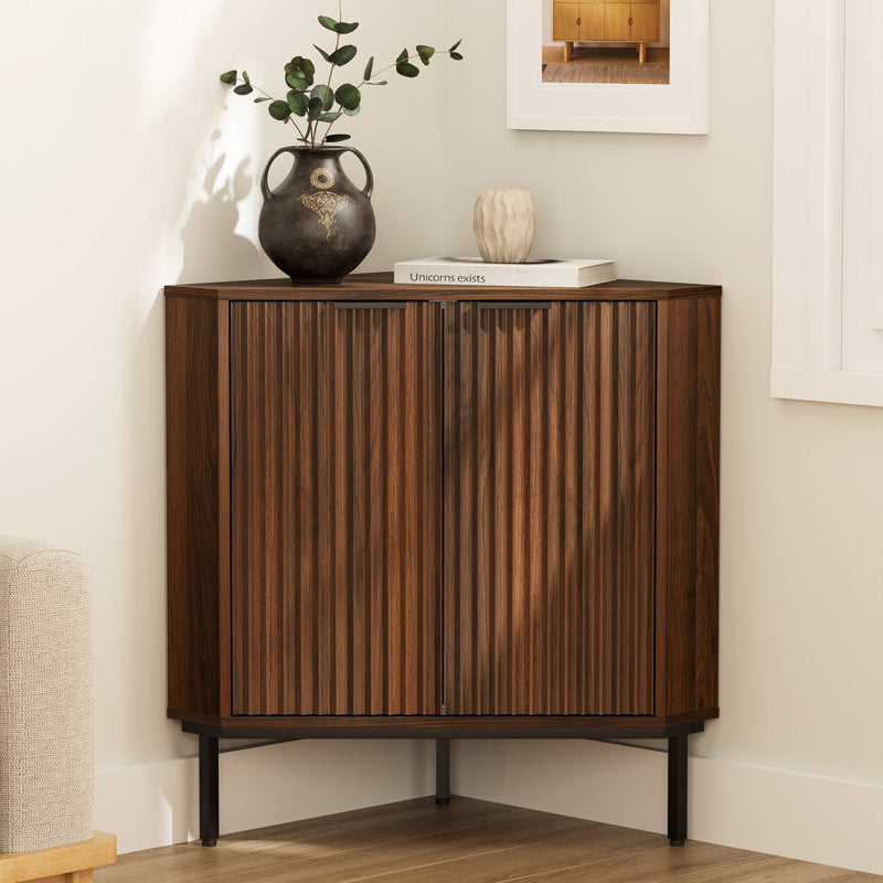 Fluted Corner Cabinet With 2 Doors And 2-Tier Shelves