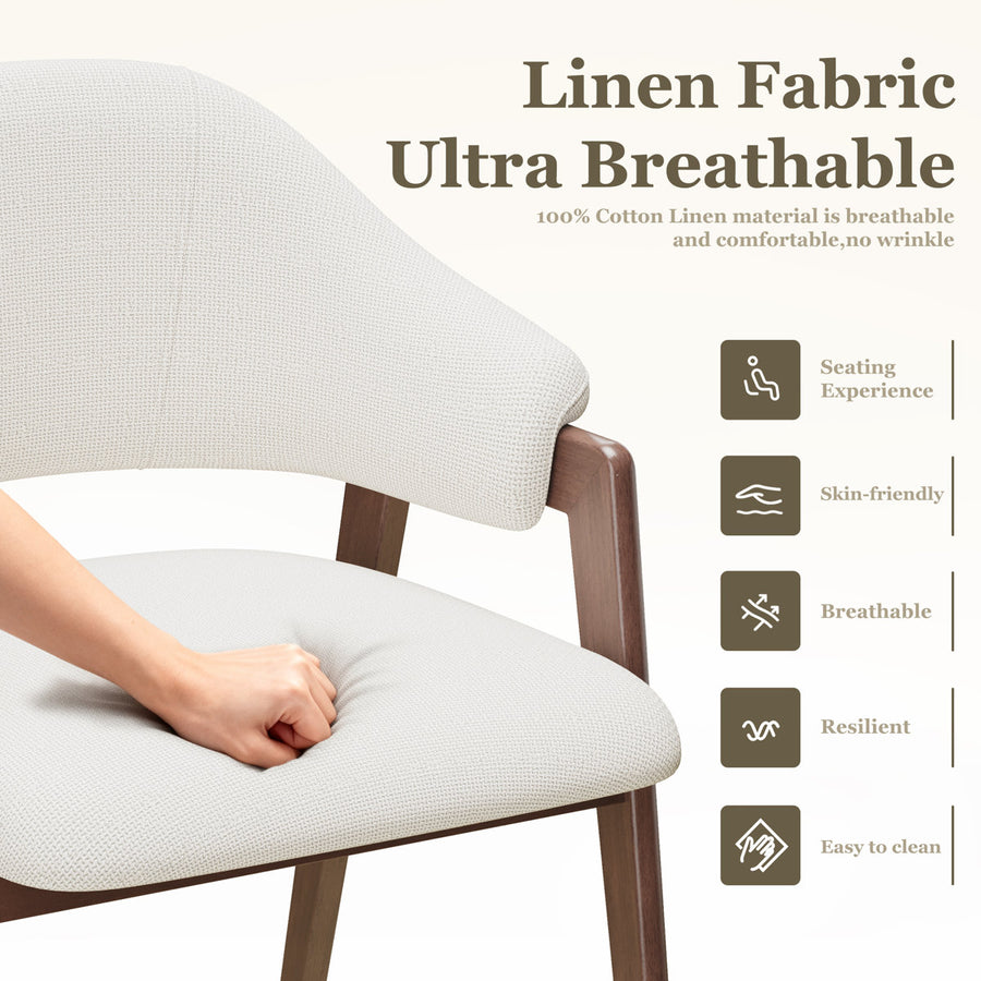 Modern Minimalist Upholstered Linen Dining Armchair with Solid Wood Legs
