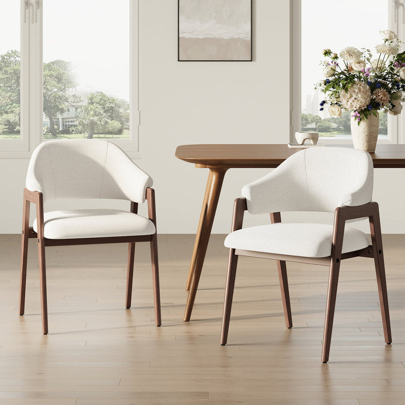 Modern Minimalist Upholstered Linen Dining Armchair with Solid Wood Legs