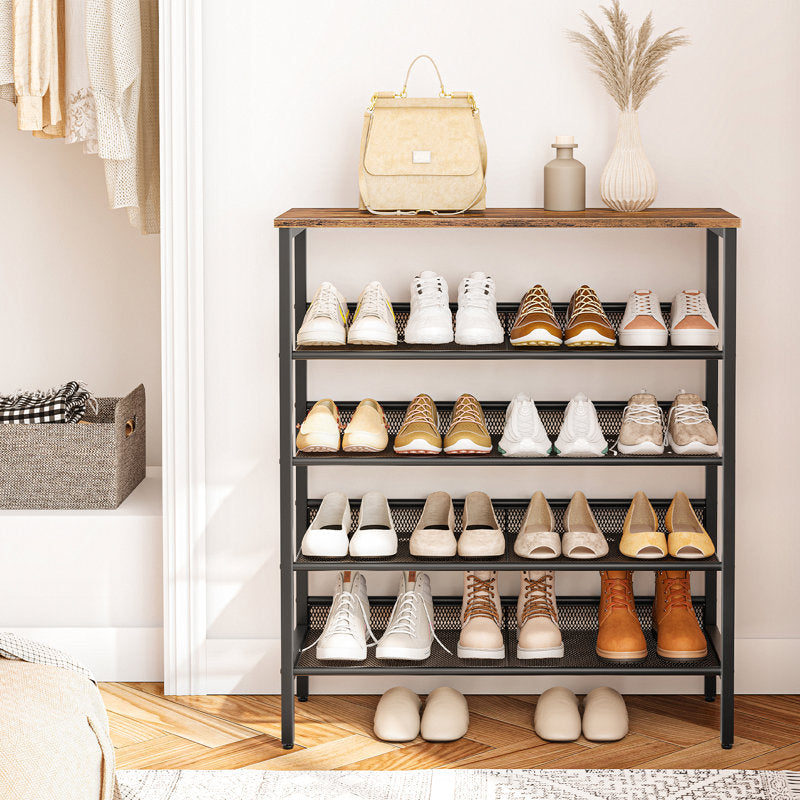 5-Tier Shoe Rack, 25-Pair, 39.4" Wide, with Wood Top Shelf