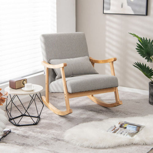 Solid Rubberwood Rocking Chair with Faux Linen Upholstery