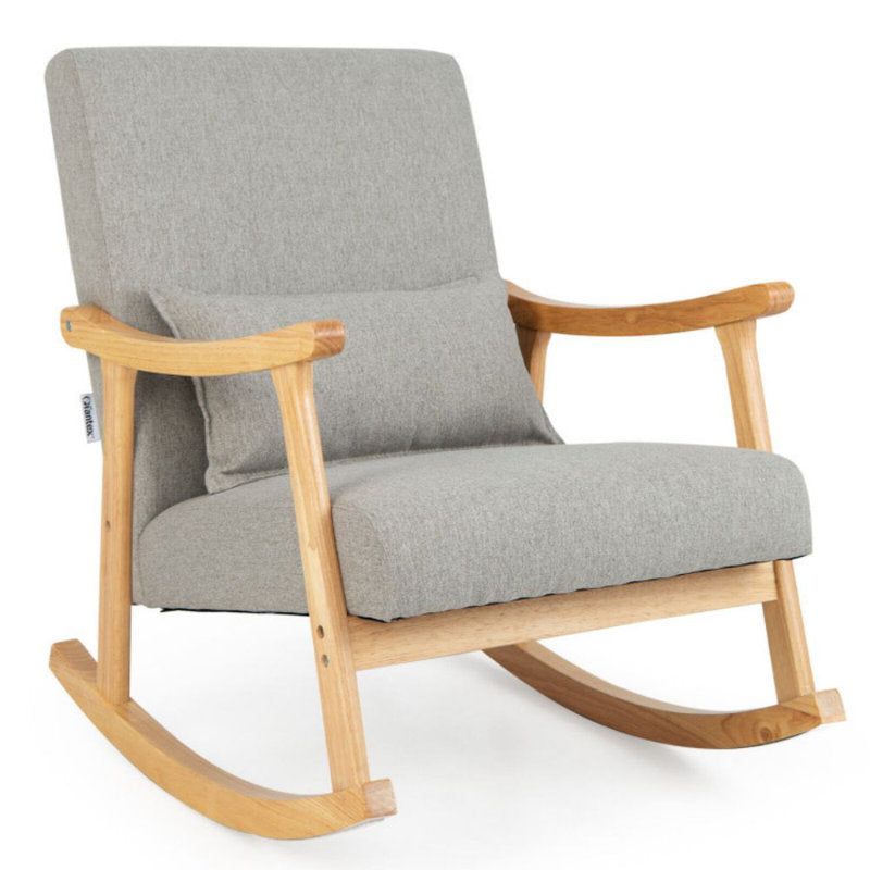 Solid Rubberwood Rocking Chair with Faux Linen Upholstery