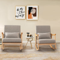 Solid Rubberwood Rocking Chair with Faux Linen Upholstery