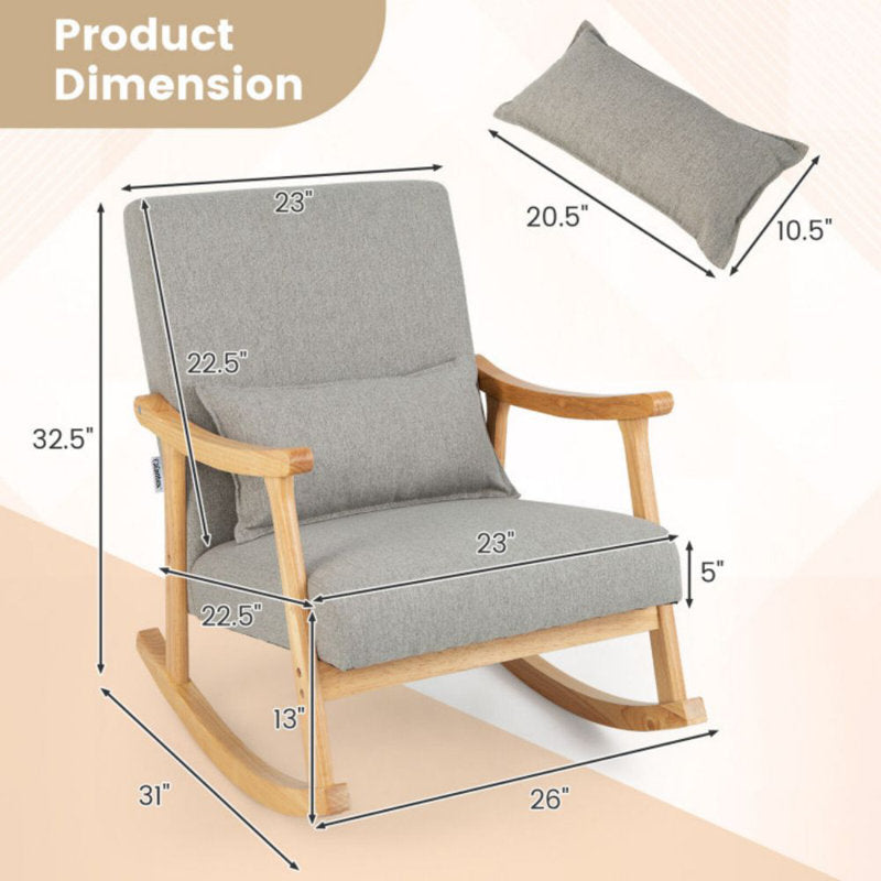 Solid Rubberwood Rocking Chair with Faux Linen Upholstery