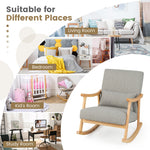 Solid Rubberwood Rocking Chair with Faux Linen Upholstery