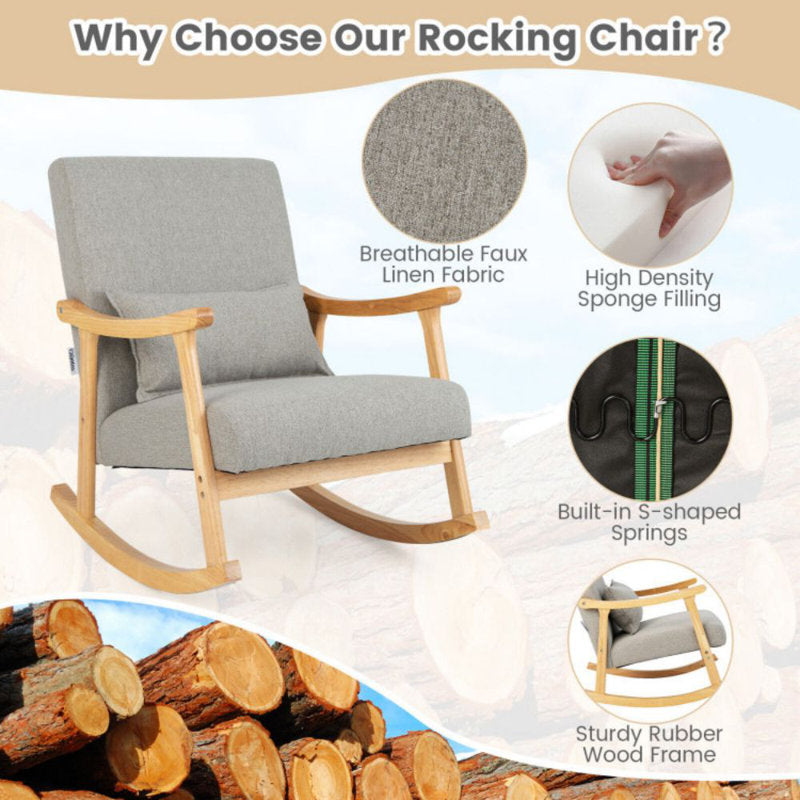 Solid Rubberwood Rocking Chair with Faux Linen Upholstery