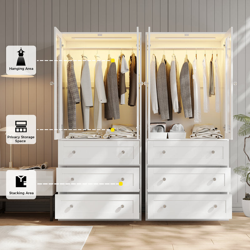 Wardrobe Armoire with Glass Display Door & Hanging Rod