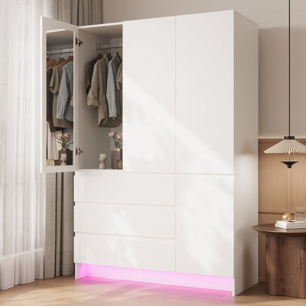 71.1" Armoire Wardrobe with 3 Drawers, Mirror & LED Light