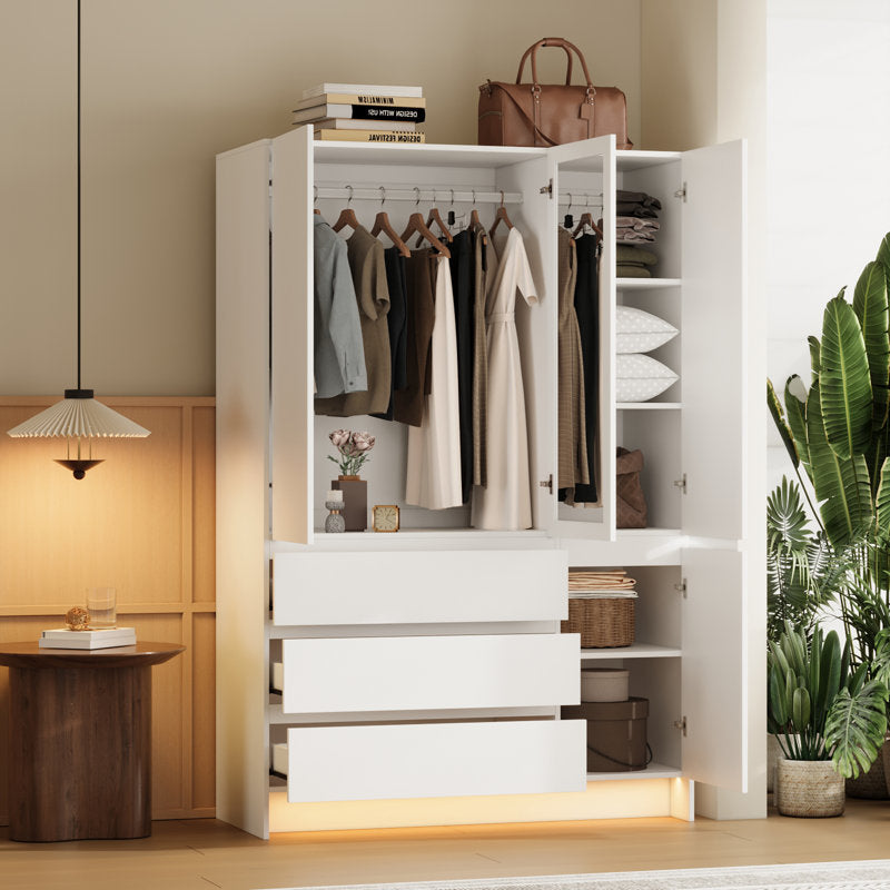 71.1" Armoire Wardrobe with 3 Drawers, Mirror & LED Light