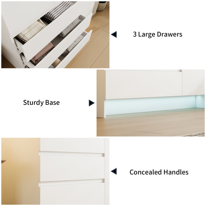 71.1" Armoire Wardrobe with 3 Drawers, Mirror & LED Light