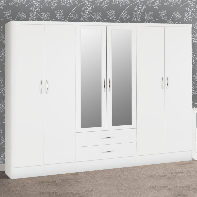 Gaytes Modern 6-Door Wardrobe with Mirrors, High Gloss Finish