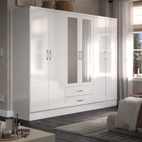 Gaytes Modern 6-Door Wardrobe with Mirrors, High Gloss Finish