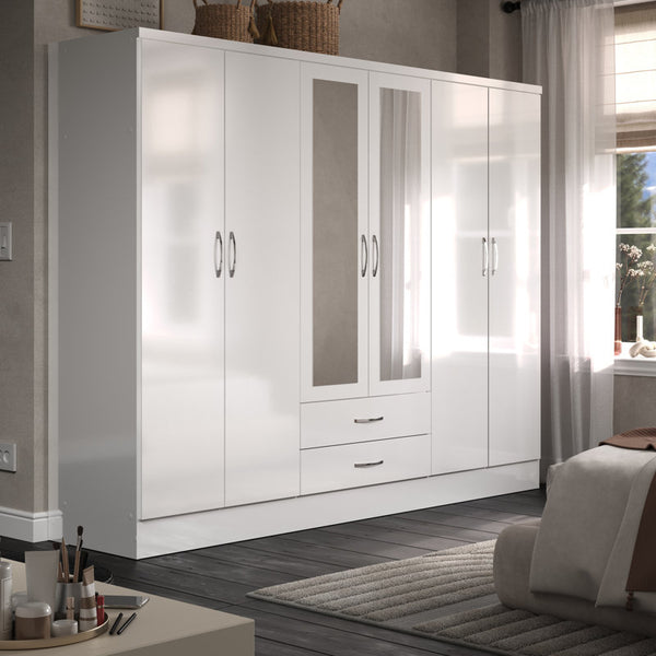 Gaytes Modern 6-Door Wardrobe with Mirrors, High Gloss Finish