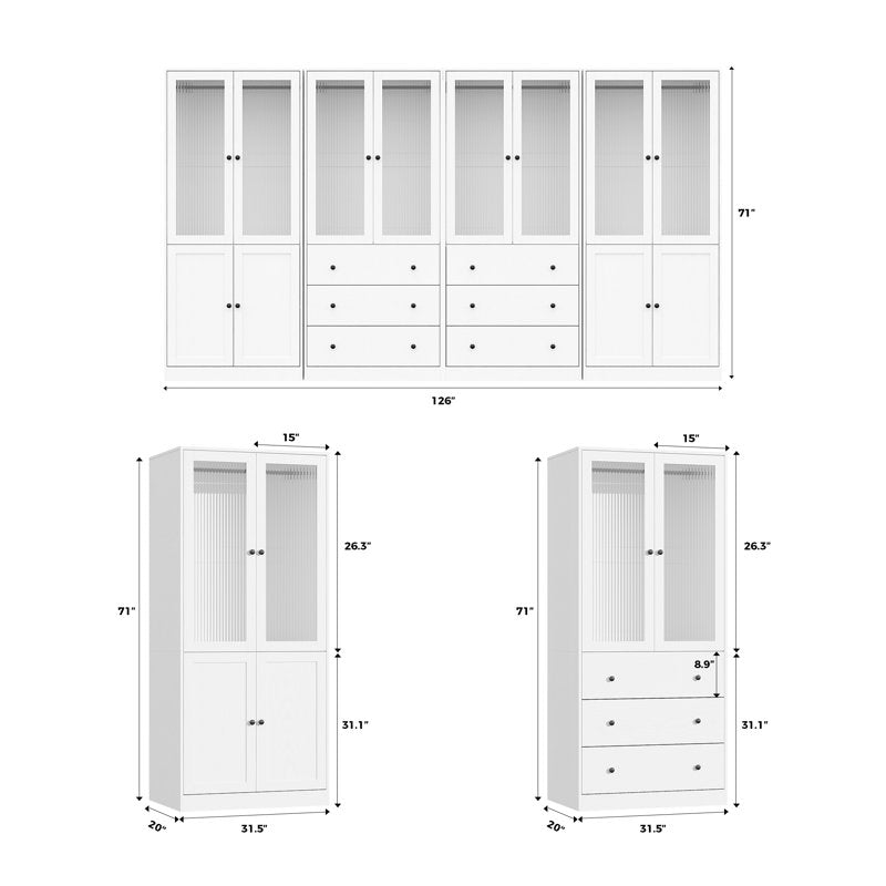126"W Modern Fluted Glass Armoire with Soft-Close Doors