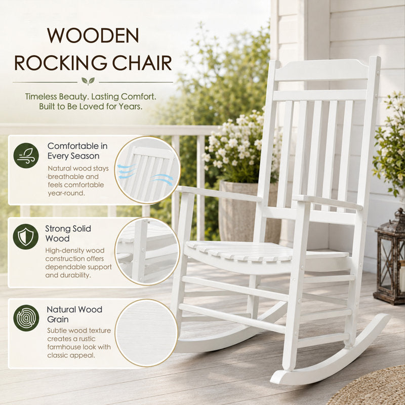 Solid Wood Outdoor Rocking Chair with Slatted Back