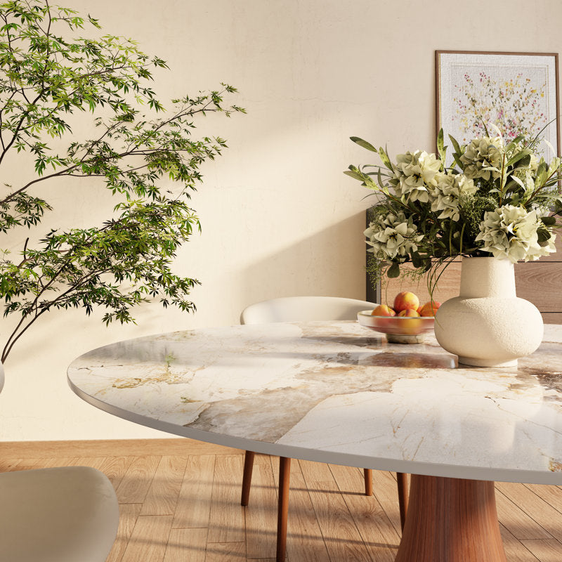 Boston Natural Stone 5D Printed Top 6 Seater Dining Table Set
