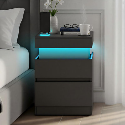 19" W Nightstand with Power Outlets, Sliding Lid and LED Lights