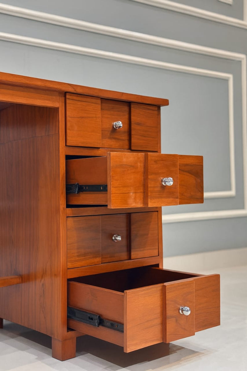 Solid Wood Study Desk with Storage Drawers & Cane Chair | Compact Home Office Workstation