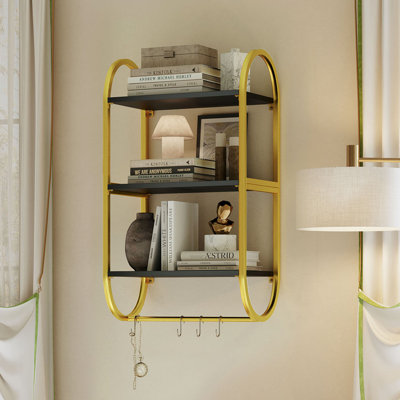 3-Tier Oval Metal Floating Wall Shelf with Towel Bar and 4 Movable Hooks, Wall Mounted - Wall Shelf