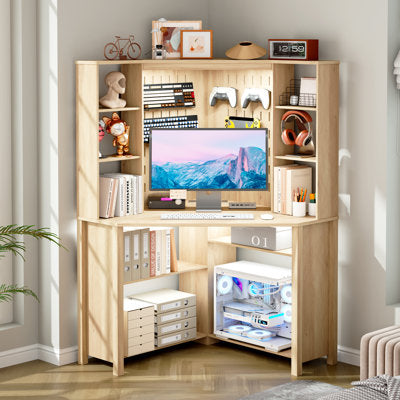 Luxury Arts 35"× 35" - Pentagonal Corner Computer Desk With Power Outlets, Adjustable Led Lighting, Perforated Back Panel Design in Brown