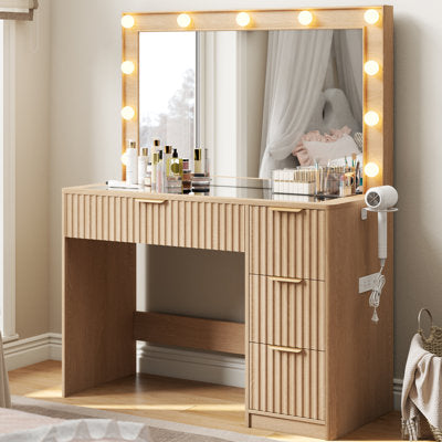 36.2 Inch Modern Vanity Desk with 4 Drawers & LED Mirror (Natural) in a bedroom setting