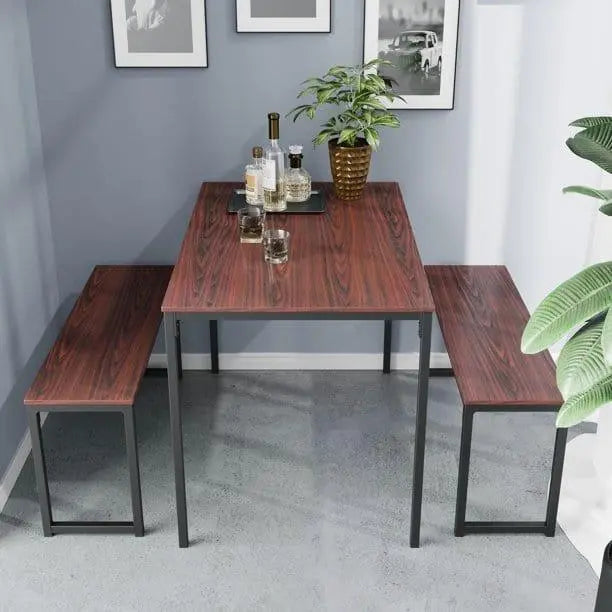 3-Piece Dining Table Set with 2 Benches Wood Table Top