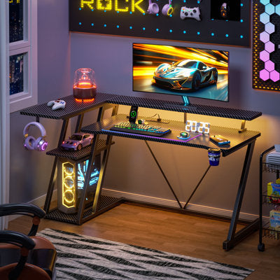 Luxury Arts 39"W Gaming Desk With Monitor Stand & Cpu Stand,Computer Desk With Power Outlet & RGB LED Lights,Home Office Desk With Cup Holder & Headphone Hook in Black